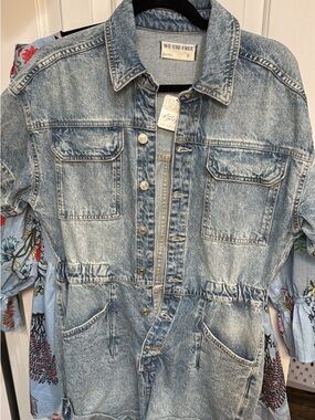 We The Free Washed Blue Denim Romper with Drawstring Waist